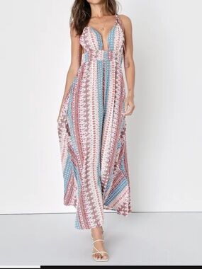 Maxin' Relaxin' Blue Multi Print Sleeveless Tie-Strap Maxi Dress